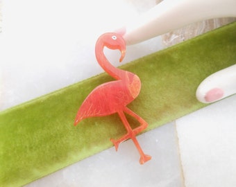 Vintage JIM FOLTZ Bakelite Brooch Pink Flamingo Pin Plastic Figural Artisan Carved One of a Kind Designer Signed Jewelry, VivianJoel.com