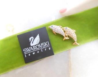Vintage SWAN LOGO Brooch Dolphin Porpoise Crystal Rhinestone Gold Plate Lapel Pin Designer SWAROVSKI Jewelry Ocean Gift,  VivianJoel.com