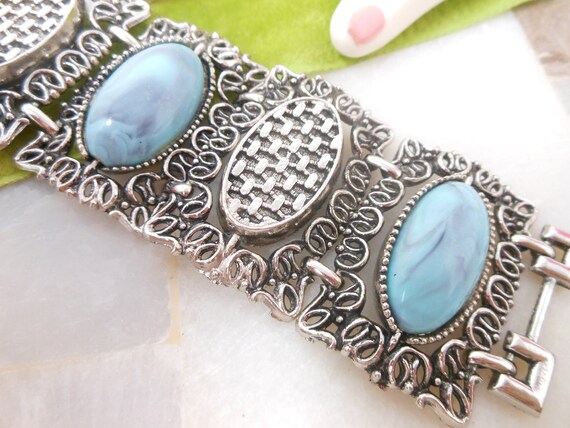 Vintage Faux Turquoise Wide Ornate Link Chunky Tw… - image 8