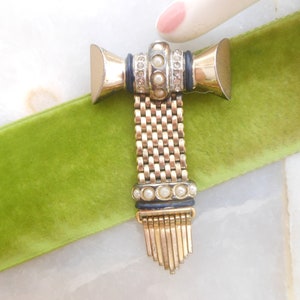 Vintage KREISLER Art Deco Brooch Pearl Enamel Mesh Fringe Dangle Drop Pin Designer Antique Mid Century, VivianJoel.com