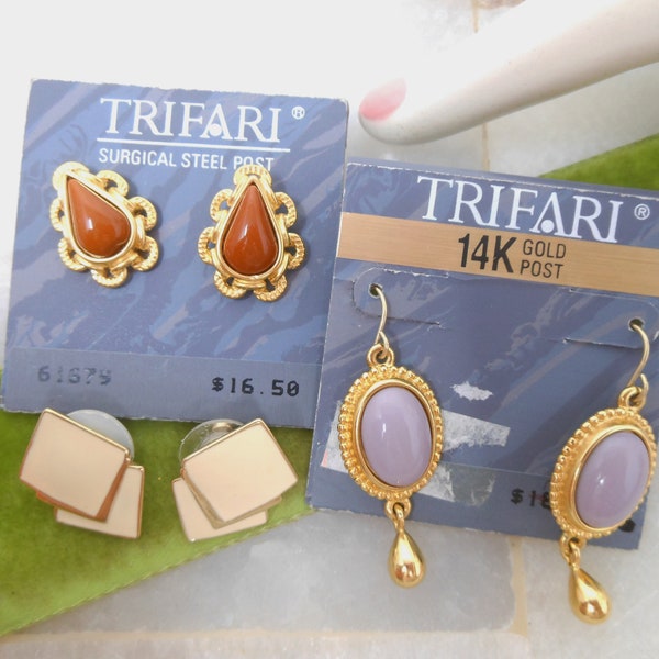 Vintage TRIFARI TM Earrings LOT Pierced Post Wire Classic Gold Plate Timeless Designer Jewelry Gift, VivianJoel.com