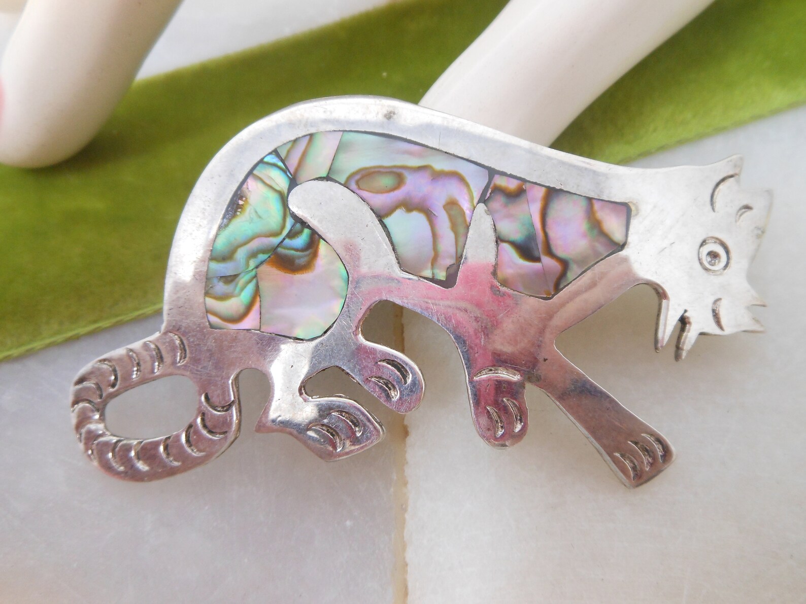 Vintage ALPACA MEXICO Designer Cat Pin Brooch Abalone Shell Etsy
