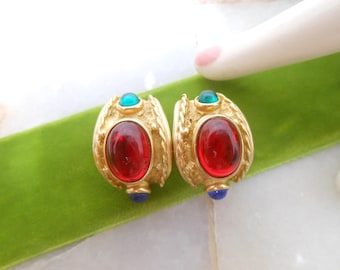 Vintage ERWIN PEARL Earrings Mogul Statement Clip On Chunky Red Cabochon Glass Gold Plate Designer Runway Jewelry Gift, VivianJoel.com
