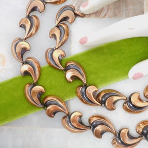 Vintage REBAJES Copper Necklace Bracelet Set Modernist Puffy Leaf Link Panel Chain Mid Century Designer Demi Parure Jewelry, VivianJoel.com