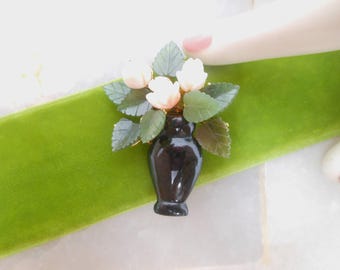 Vintage SWOBODA Brooch Flower Coral Rose Carved Jade Leaf Onyx Gemstone Pin Designer Mid Century Jewelry Gift, VivianJoel.com
