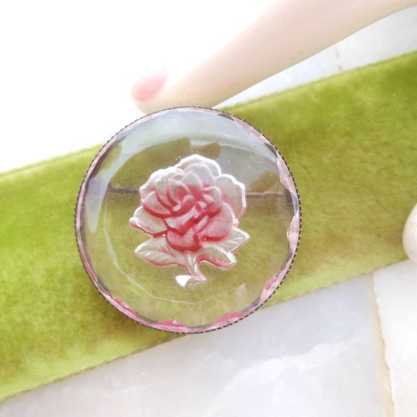 Vintage Red Pink Rose Brooch Intaglio Carved Glass Flower Pin Victorian Revival Renaissance Mid Century Jewelry Gift,  VivianJoel.com