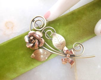 Vintage KREMENTZ Rose Brooch Gold Overlay Three Tone Flower Pin Designer Jewelry Mid Century Gift [[d3]] VivianJoel.com
