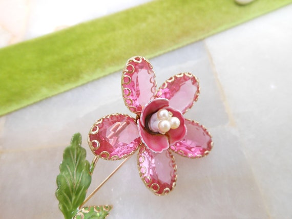 Vintage Flower Pink Brooch Crystal Rhinestone Ope… - image 4