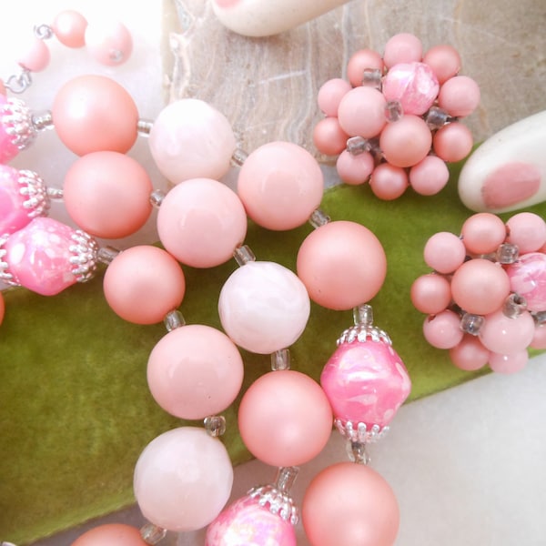 Vintage Pink Necklace Earrings Set Plastic Glass Pastel Bead Clip On Retro Demi Parure Japan Jewelry Mid Century Gift, VivianJoel.com