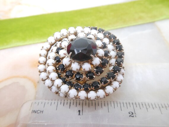 Vintage Milk Glass Brooch Black White Pinwheel Spiral Dome Jet Rhinestone Mod Pin Mid Century Jewelry Gift, VivianJoel.com View 6