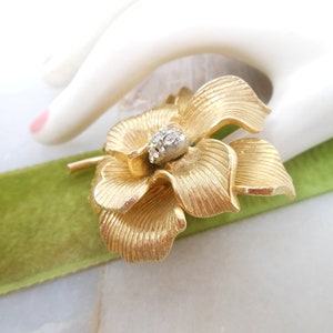 Vintage Rhinestone Flower Brooch Dimensional Gold Plate Orchid Plumeria Pin Mid Century Classic Timeless Jewelry Gift, VivianJoel.com image 5