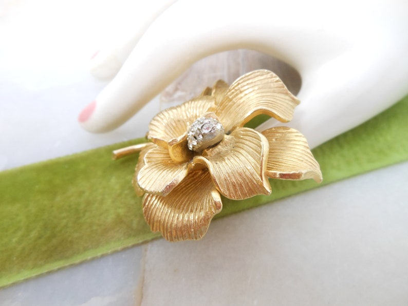 Vintage Rhinestone Flower Brooch Dimensional Gold Plate Orchid Plumeria Pin Mid Century Classic Timeless Jewelry Gift, VivianJoel.com image 5