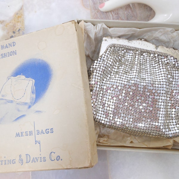 Vintage WHITING DAVIS Mesh Purse Dance Clutch Metal Chainmail Original Box Designer Mid Century Jewelry *As Is*, VivianJoel.com