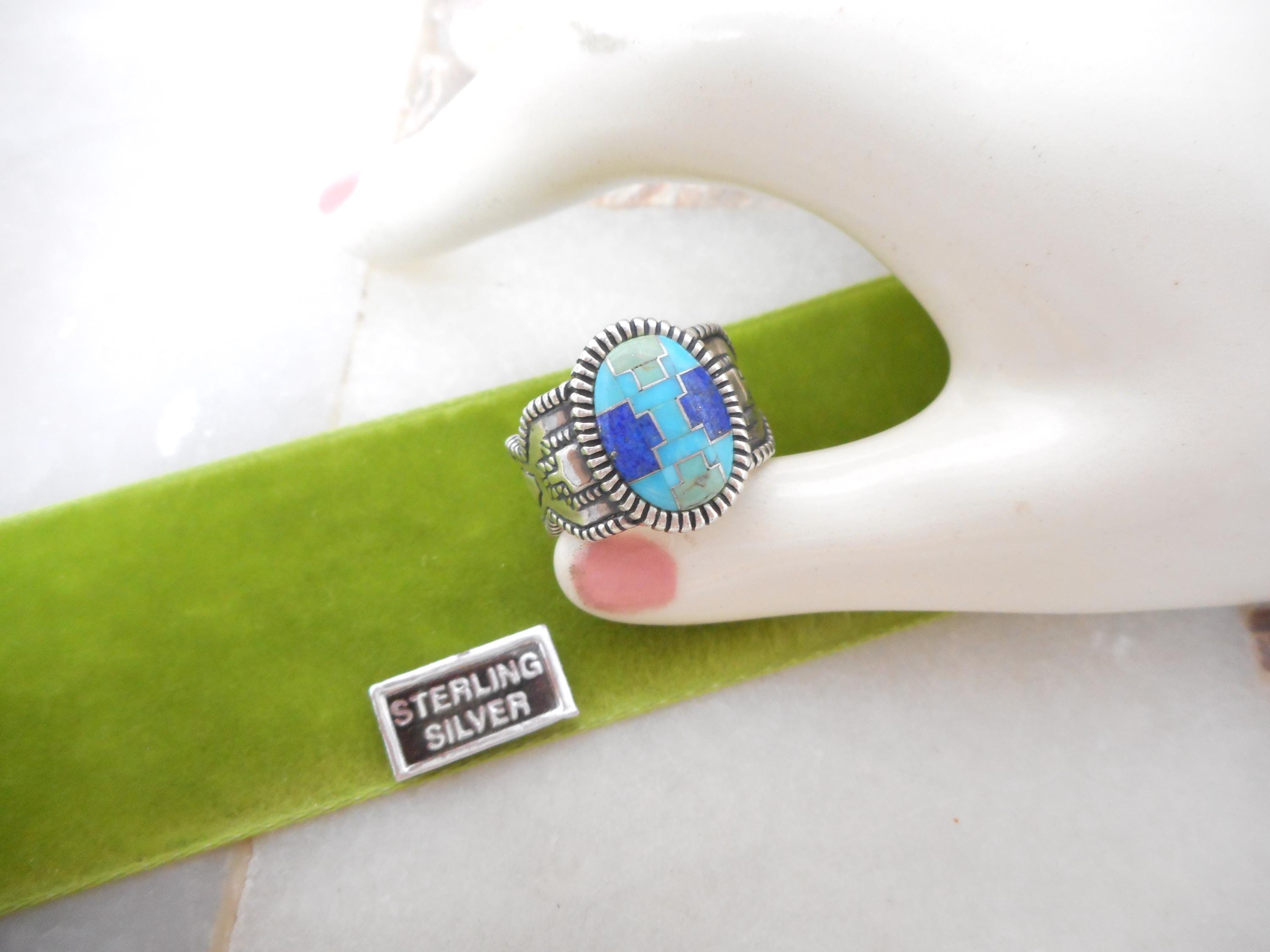 Relios Silver Rings Vintage Relios STERLING SILVER Ring Blue Turquoise Lapis Gemstone Inlay ...