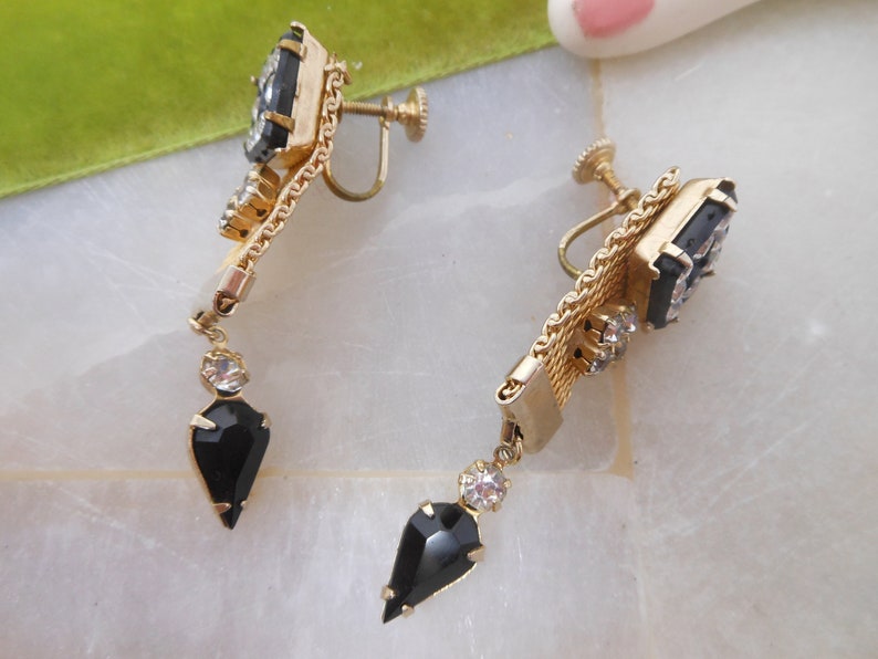 Vintage Rhinestone Mesh Chain Earrings Dangle Drop Screw Back Art Deco Jewelry Gift Mid Century VivianJoel.com