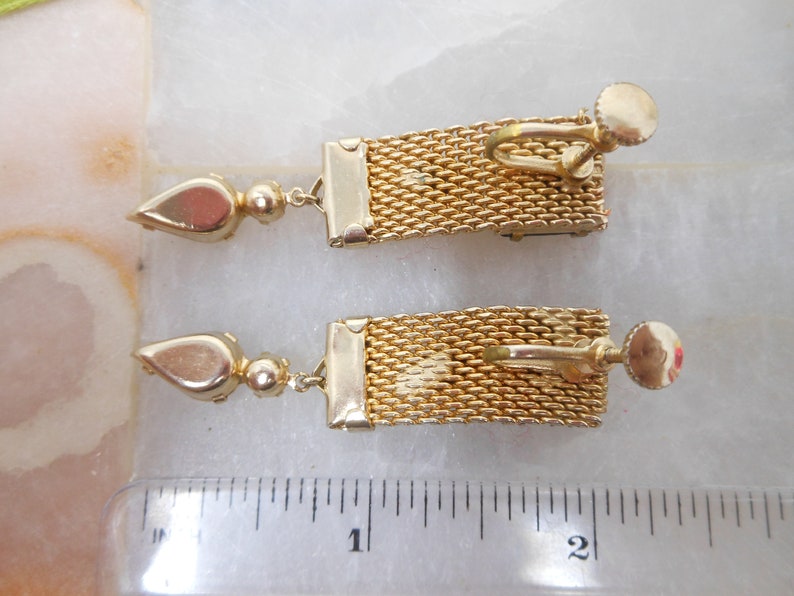 Vintage Rhinestone Mesh Chain Earrings Dangle Drop Screw Back Art Deco Jewelry Gift Mid Century VivianJoel.com