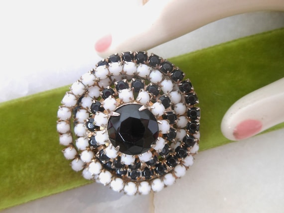 Vintage Milk Glass Brooch Black White Pinwheel Spiral Dome Jet Rhinestone Mod Pin Mid Century Jewelry Gift, VivianJoel.com