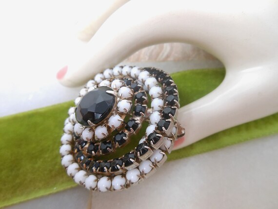 Vintage Milk Glass Brooch Black White Pinwheel Spiral Dome Jet Rhinestone Mod Pin Mid Century Jewelry Gift, VivianJoel.com View 4