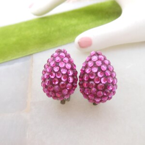 Vintage MISTAR BIJOUX Earrings Clip On Pink Rhinestone Crystal Fuchsia Designer Mid Century Jewelry