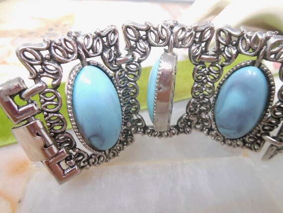 Vintage Faux Turquoise Wide Ornate Link Chunky Tw… - image 4