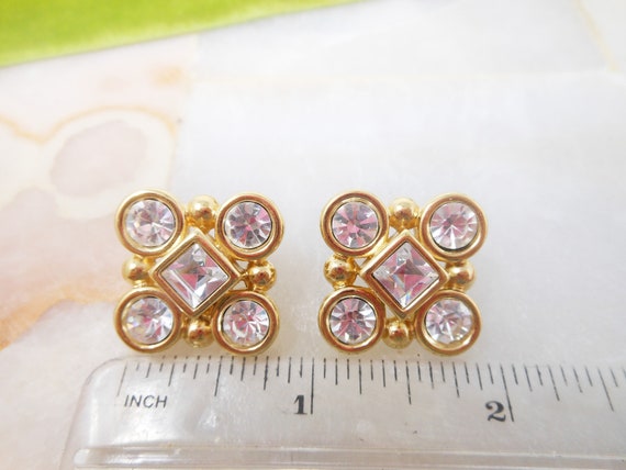 Vintage MONET Earrings Clear Crystal Clip On Gold… - image 5