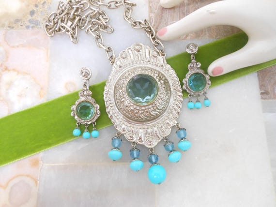 Vintage ART Signed Necklace Earrings Set Blue Crystal Dangle