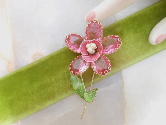 Vintage Flower Pink Brooch Crystal Rhinestone Ope… - image 2