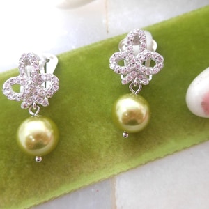 Vintage NOLAN MILLER Earrings Rhinestone Bow Seafoam Green Pearl Dangle Drop Clip On Designer Glamour Jewelry Gift, VivianJoel.com