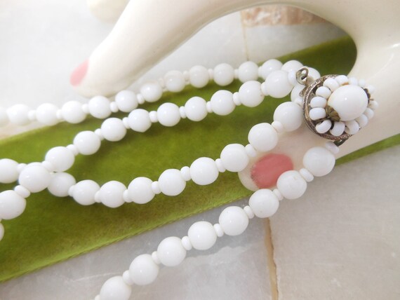 Marvelous Mid Century MIRIAM HASKELL Milk Glass Necklace~24 Inch White Glass Beads~Signed Collectible Designer~Vintage Costume Jewelry