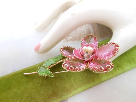 Vintage Flower Pink Brooch Crystal Rhinestone Ope… - image 5