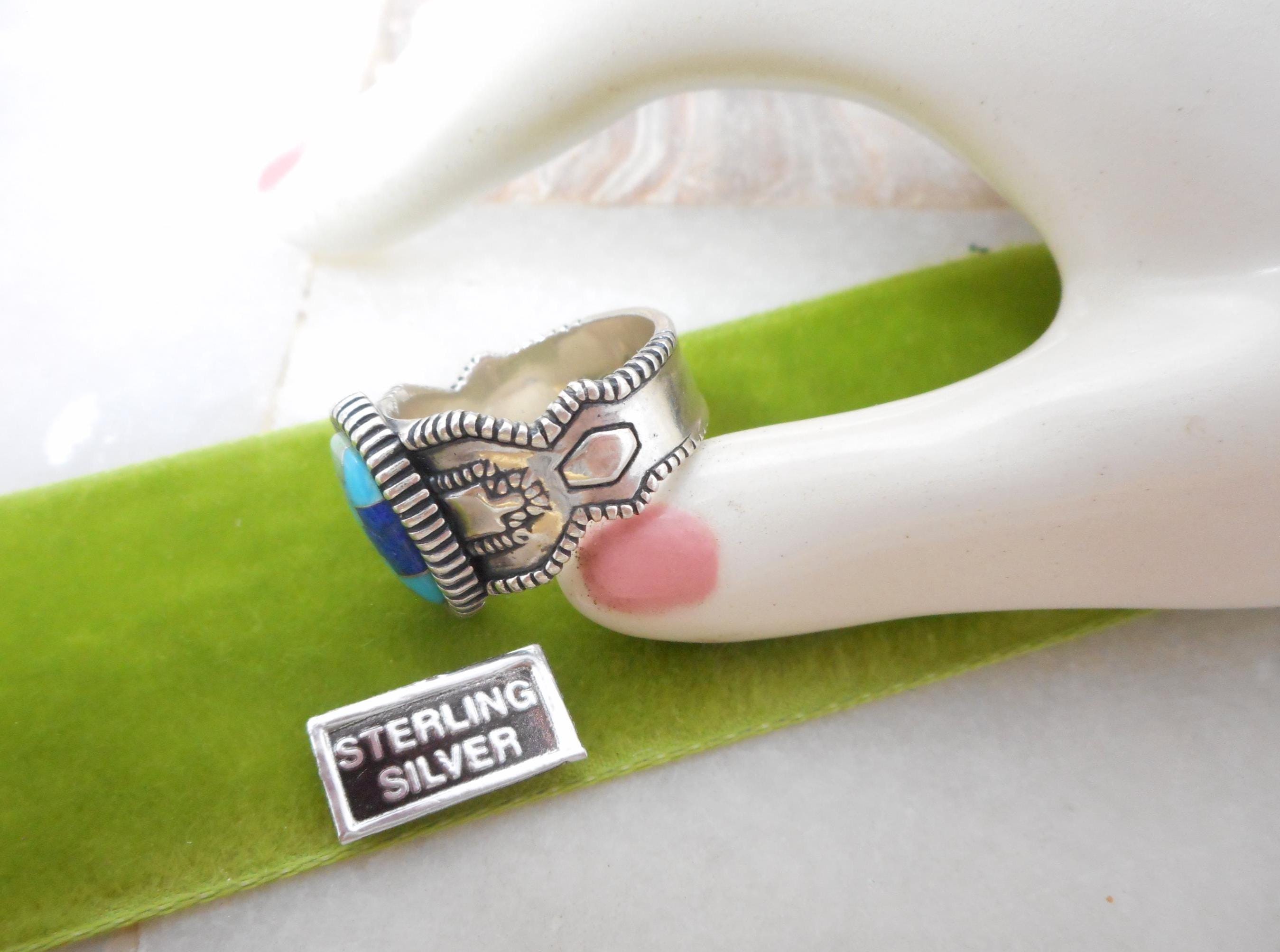 Relios Silver Rings Vintage Relios STERLING SILVER Ring Blue Turquoise Lapis Gemstone Inlay ...
