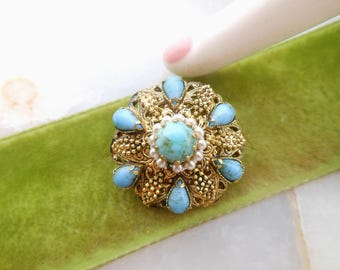Vintage Turquoise Glass Brooch Blue Pin Etruscan Victorian Regency Revival Ornate Faux Pearl Mid Century Petite Jewelry Gift, VivianJoel.com