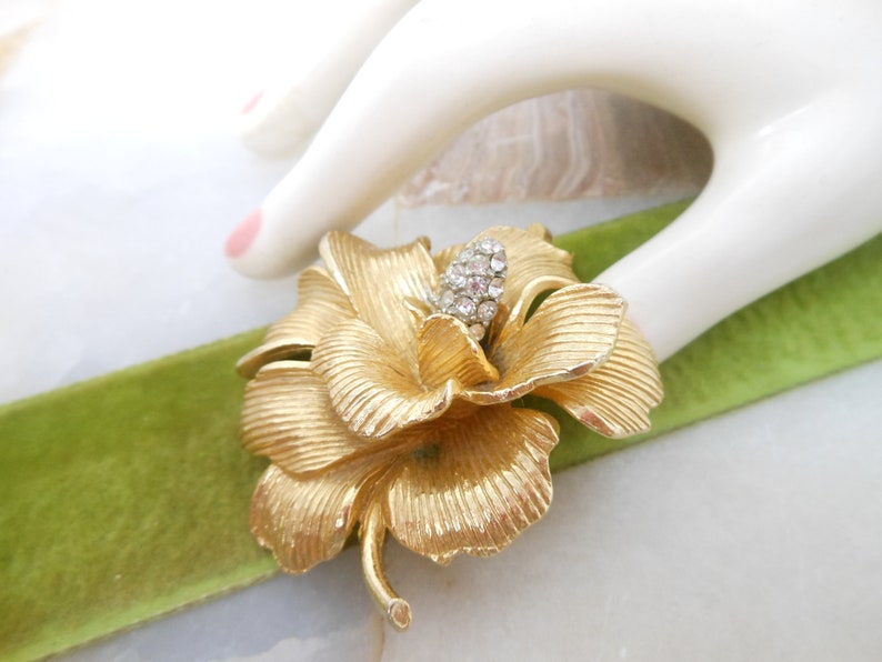 Vintage Rhinestone Flower Brooch Dimensional Gold Plate Orchid Plumeria Pin Mid Century Classic Timeless Jewelry Gift, VivianJoel.com image 3