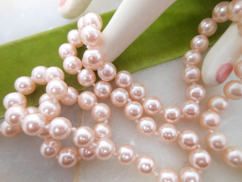 Vintage Pink Pearl Glass Bead Necklace Knotted Spacers Classic Jewelry Gift VivianJoel.com