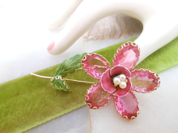 Vintage Flower Pink Brooch Crystal Rhinestone Ope… - image 6