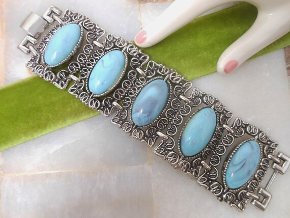 Vintage Faux Turquoise Wide Ornate Link Chunky Tw… - image 3