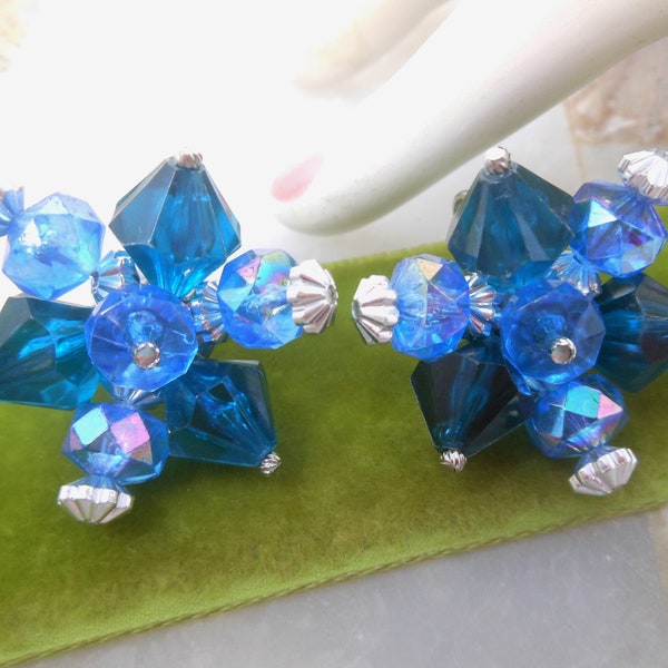 Vintage Blue Sputnik Earrings Flower Starburst Bead Clip On Crystal Plastic Cluster Wedding Mid Century Jewelry Gift,  VivianJoel.com