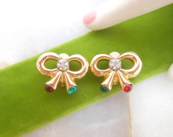 Vintage JOAN RIVERS Earrings Bow Clip On Green Red Cabochon Crystal Rhinestone Mogul Gold Plate Designer Jewelry, VivianJoel.com