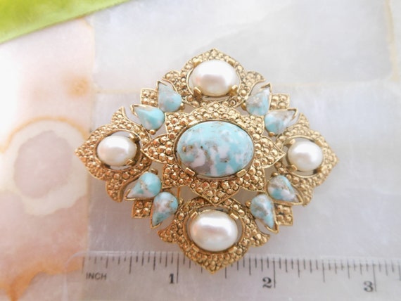 Vintage SARAH COVENTRY Pearly Brooch Faux Turquoi… - image 6