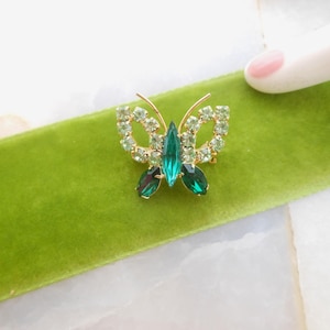 Vintage Green Butterfly Brooch Petite Lapel Pin Rhinestone Crystal Bug Insect Mid Century Jewelry Gift, VivianJoel.com