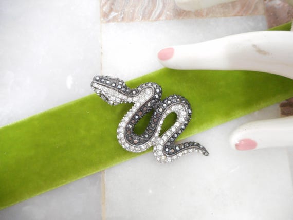 Vintage KJL Snake Brooch Crystal Rhinestone Black… - image 1