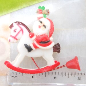 Vintage Christmas Santa Rocking Horse Brooch Pin Mechanical Plastic Kitsch Kitschmas Jewelry Gift HONG KONG Mid Century