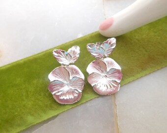 Vintage Silver Flower Earrings Pierced Post Dangle Drop Viola Pansy Suffragette Designer Mid Century Jewelry Gift, VivianJoel.com