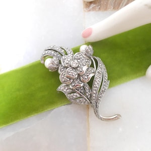 Vintage KJL Flower Brooch KENNETH Jay LANE Designer Crystal Rhinestone Pin Faux Pearl Marcasite Avon Jewelry Gift,  VivianJoel.com