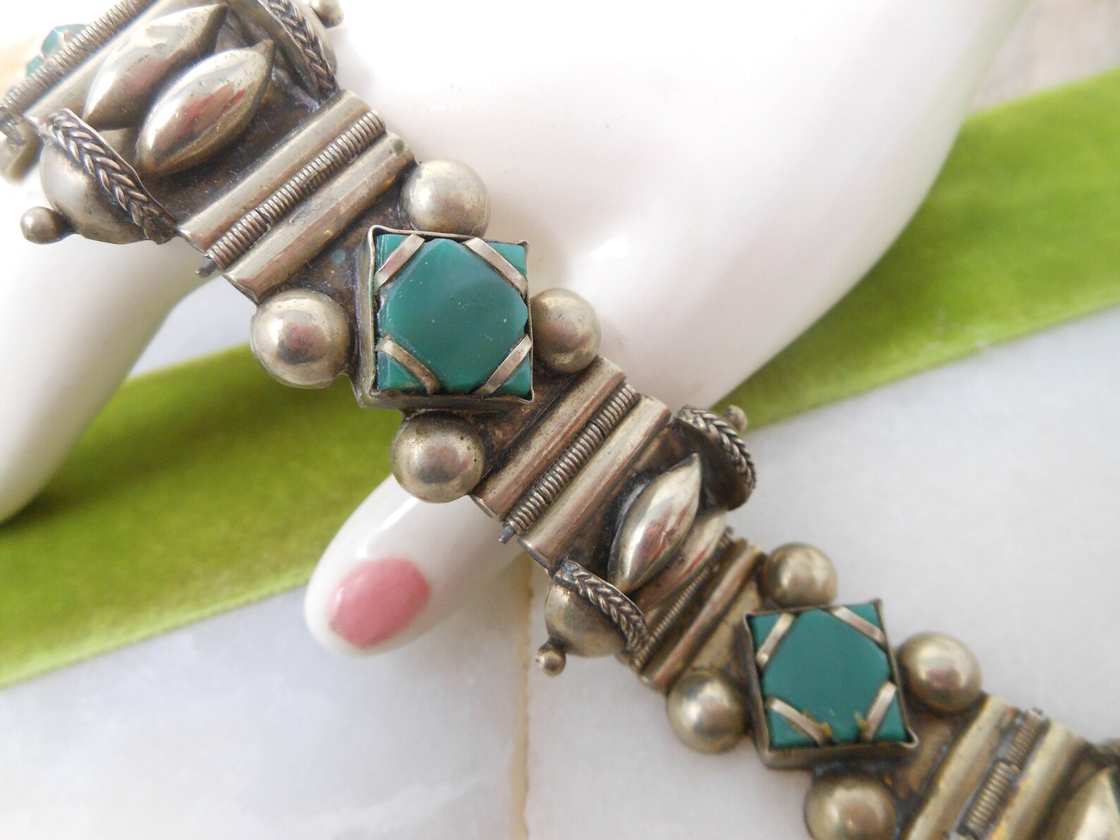 Vintage MEXICO Green Stone Ornate Bracelet Chunky Wide Silver Etsy