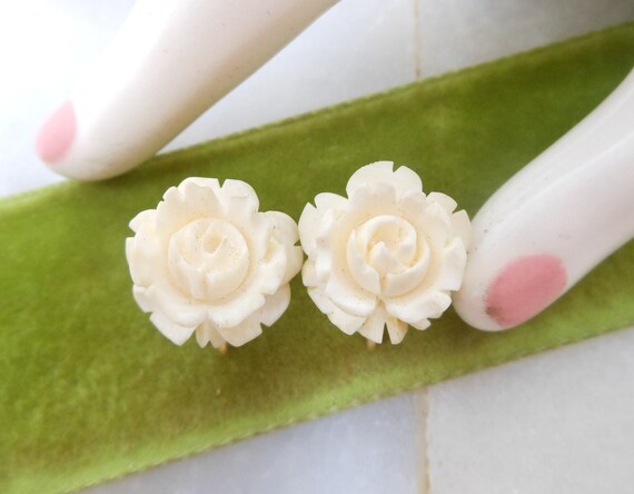 Vintage Rose Earrings Gold Fill Screw Back Carved… - image 1