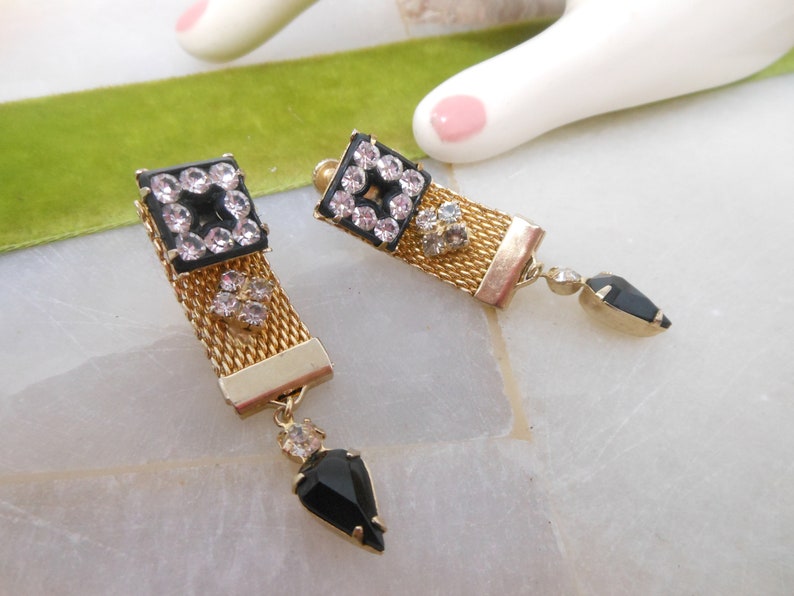 Vintage Rhinestone Mesh Chain Earrings Dangle Drop Screw Back Art Deco Jewelry Gift Mid Century VivianJoel.com