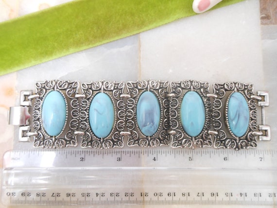Vintage Faux Turquoise Wide Ornate Link Chunky Tw… - image 9