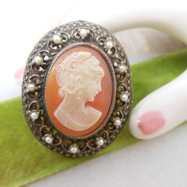 Vintage Cameo Brooch Ornate Pin Pendant Victorian Regency Renaissance Revival Jewelry Mid Century, VivianJoel.com