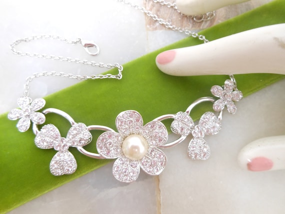Vintage NOLAN MILLER Flower Necklace Pave Ice Crystal Collar Glamour Silver Plate Chain Rhinestone Designer Jewelry Gift Vivianjoel Etsy